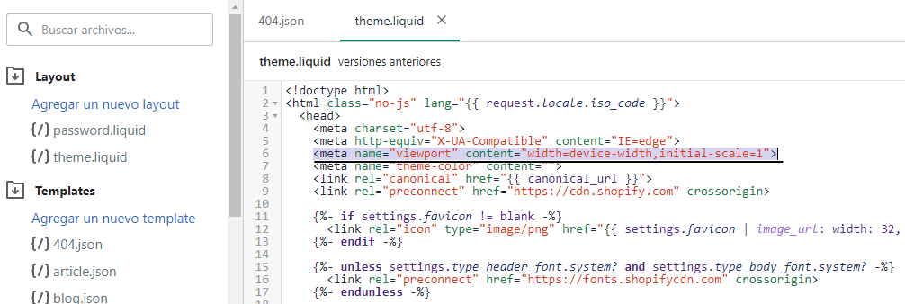 Esta imagen muestra una captura de pantalla del código fuente HTML con la metaetiqueta viewport resaltada.